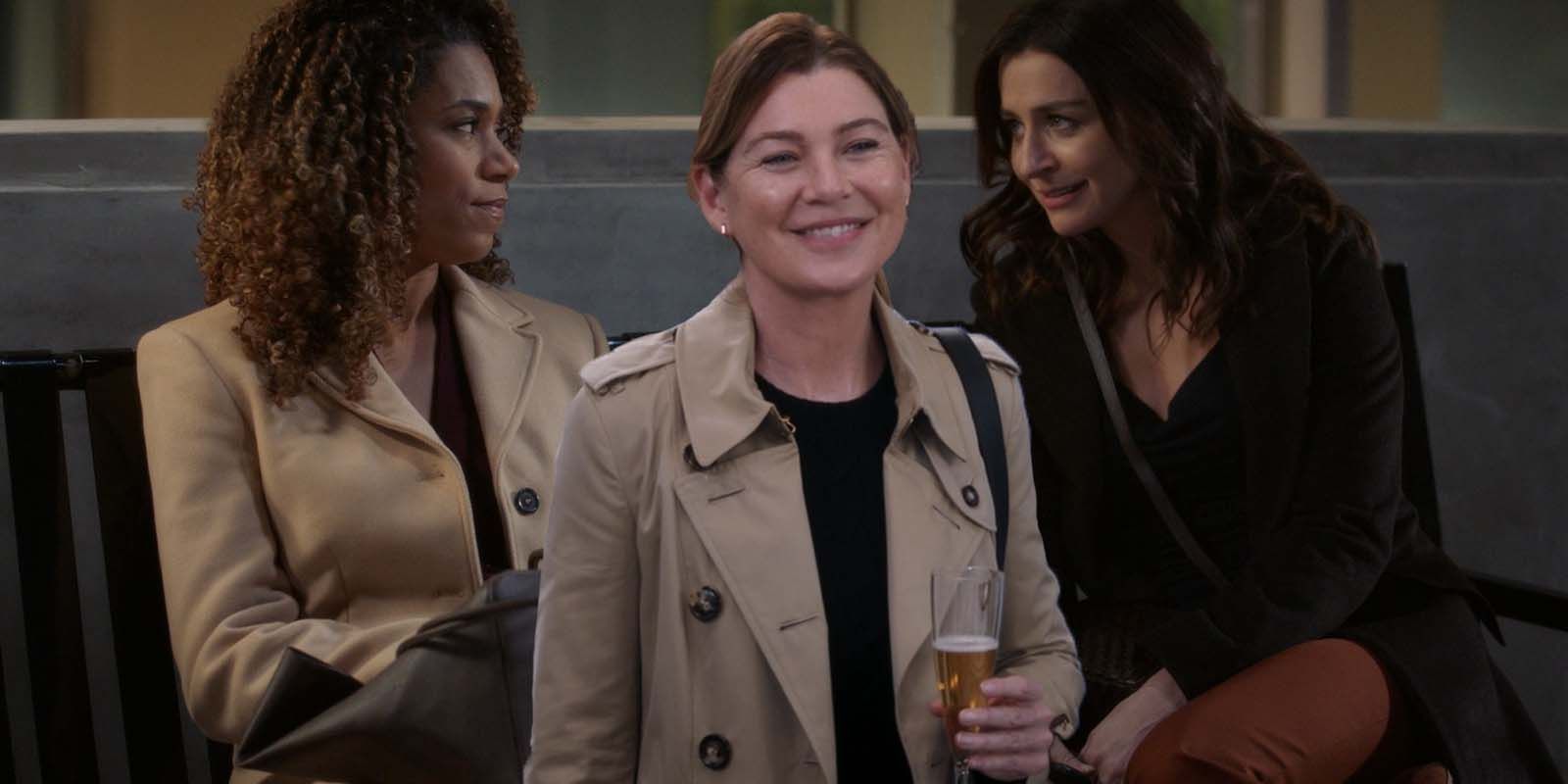 Kelly McCreary as Maggie Pierce, Ellen Pompeo as Meredith Grey, and Caterina Scorsone as Amelia Shepherd in Grey's Anatomy season 19