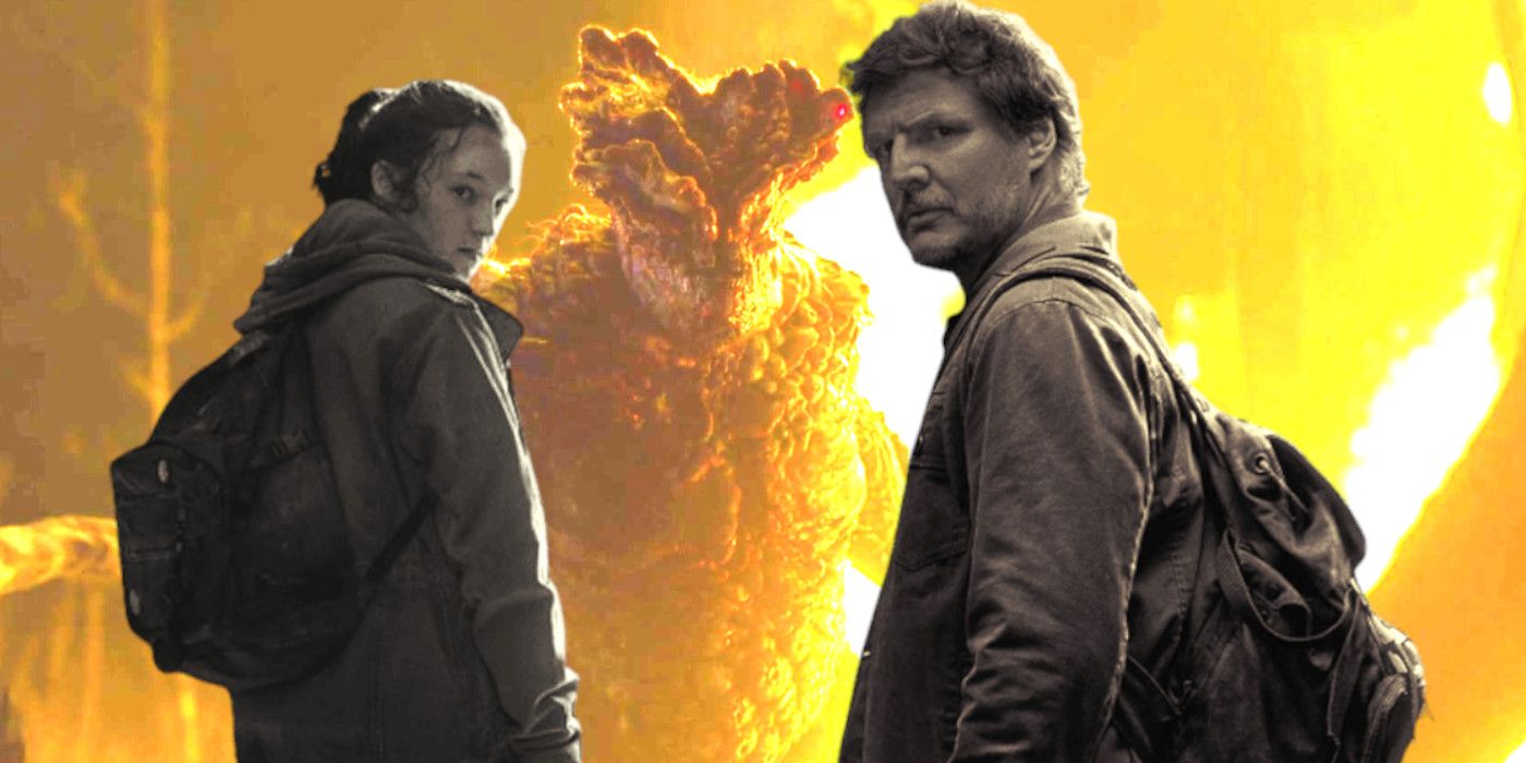 Joel and Ellie in The Last of Us, dressed for epic adventure, looking over their shoulders in heroic fashion, backdropped by a giant fungus encrusted zombie surrounded by flames
