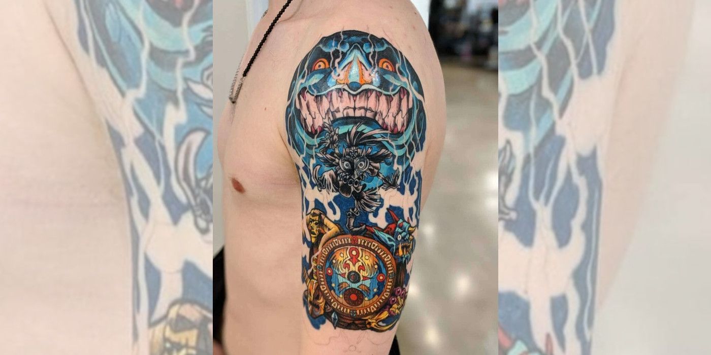 A tattoo of Majora's Mask's moon and Skull Kid from The Legend of Zelda series.
