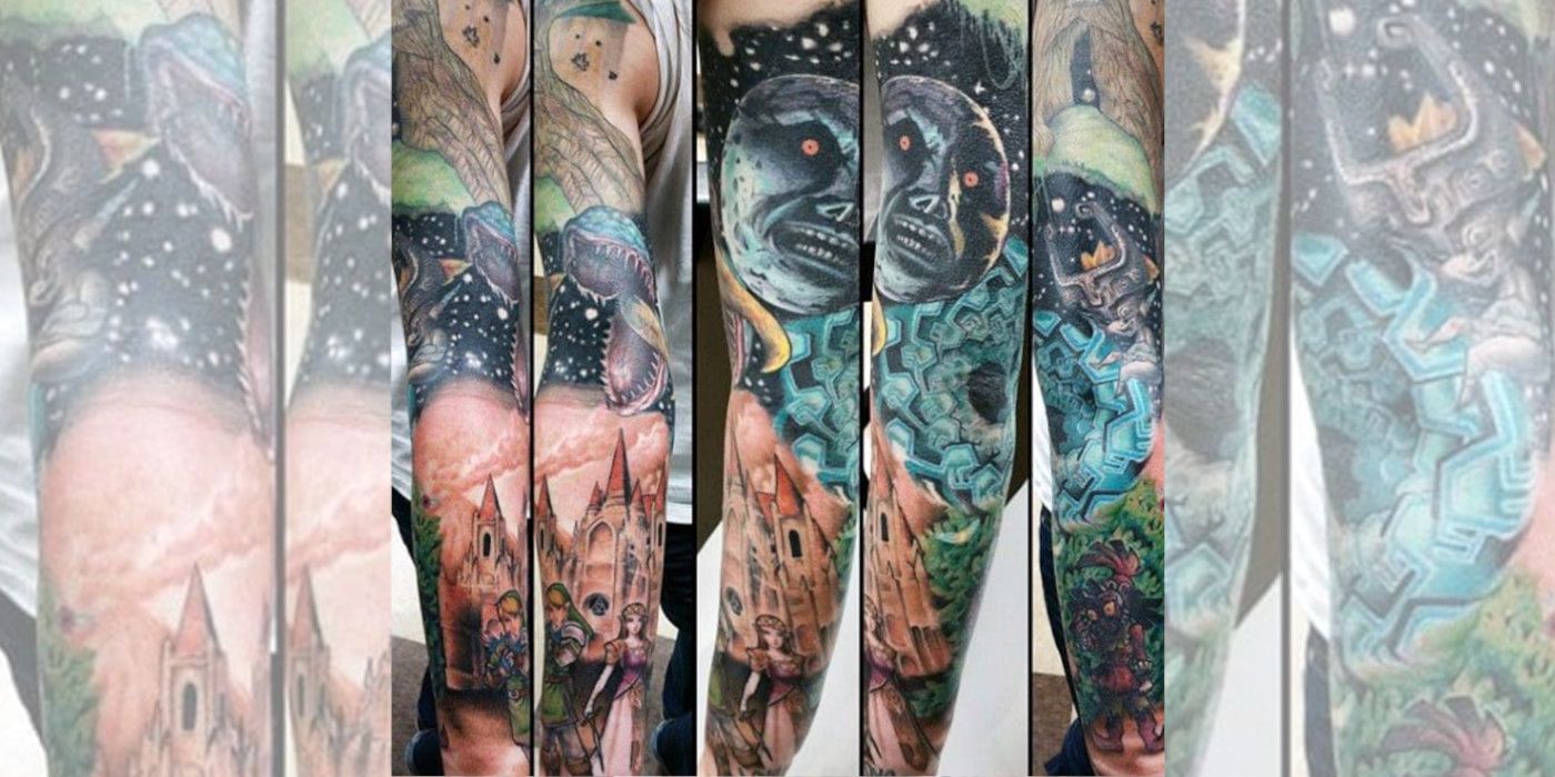 A tattoo of various elements from The Legend of Zelda series, including Skull Kid, Majora's Mask's moon, a Deku Baba, Link, Zelda, The Temple of Time, The Gate of Time and Midna.